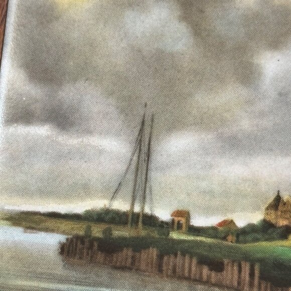 Vintage Deede-Highlands Co.Wooden Framed Ceramic Trivet With Windmill Landscape - Picture 3 of 7